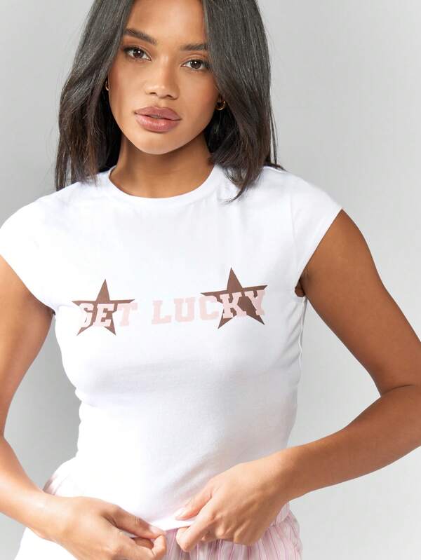 missguided MISSGUIDED Lucky Star Baby Tee Cropped Fitted T-Shirt