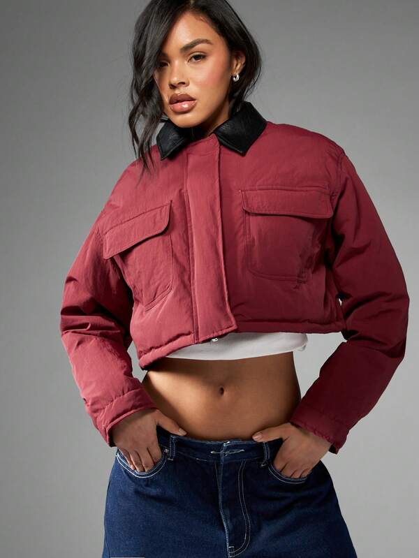 Missguided MISSGUIDED Luxe Cropped Utility Zip Front Bomber Winter Coat