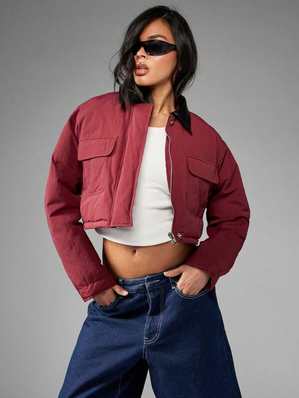 missguided MISSGUIDED Luxe Cropped Utility Zip Front Bomber Winter Coat