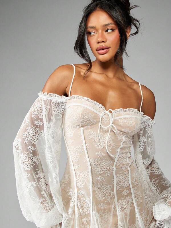 Missguided MISSGUIDED Luxurious Lace Corset Mini Dress With Balloon Sleeves Off Shoulder