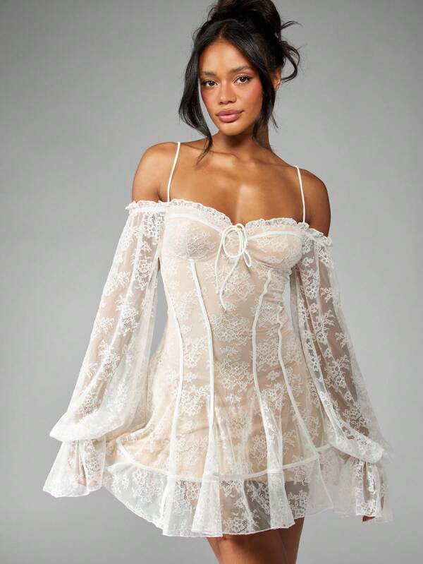 missguided MISSGUIDED Luxurious Lace Corset Mini Dress With Balloon Sleeves Off Shoulder
