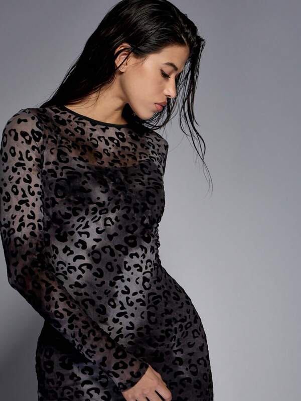 Missguided MISSGUIDED Luxurious Leopard Print Mesh Long Sleeve Bodycon Maxi Dress