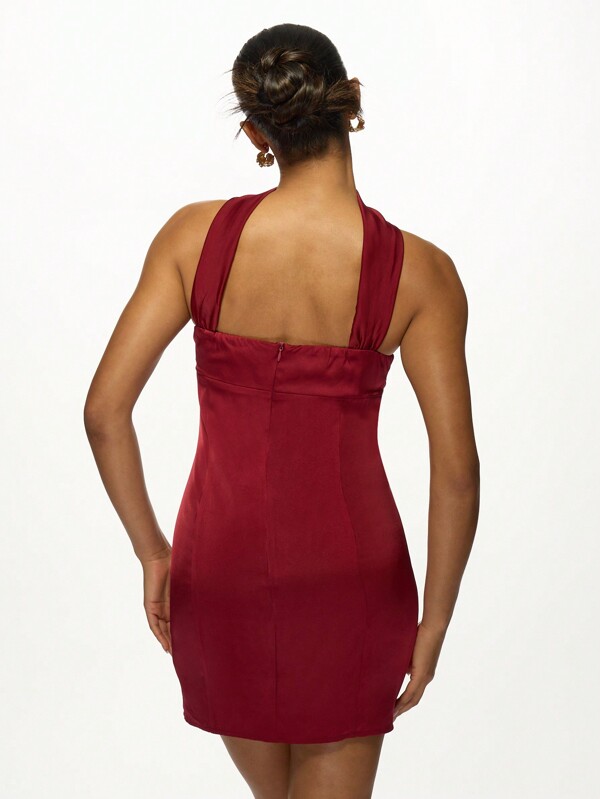 Missguided MISSGUIDED Luxurious Satin One-Shoulder Bodycon Mini Dress With Neck Tie Detail