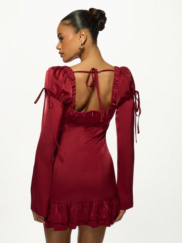 Missguided MISSGUIDED Luxurious Satin Puff Sleeve Ruched Bodice Drawstring Mini Dress