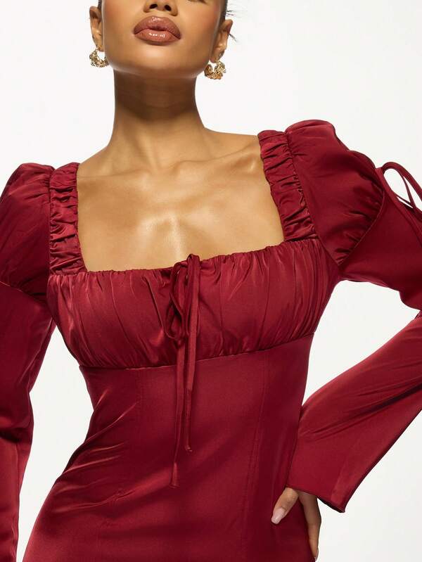 Missguided MISSGUIDED Luxurious Satin Puff Sleeve Ruched Bodice Drawstring Mini Dress