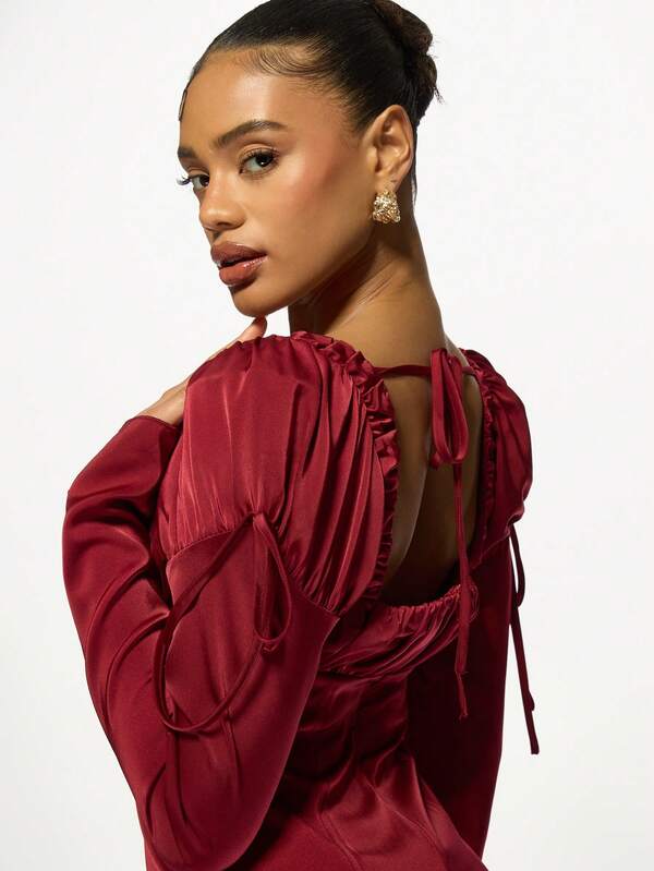 Missguided MISSGUIDED Luxurious Satin Puff Sleeve Ruched Bodice Drawstring Mini Dress
