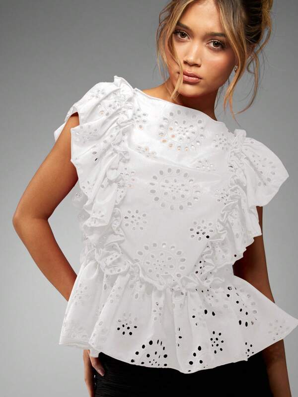 Missguided MISSGUIDED Luxury Broderie Anglaise Eyelet Ruffle Peplum Top