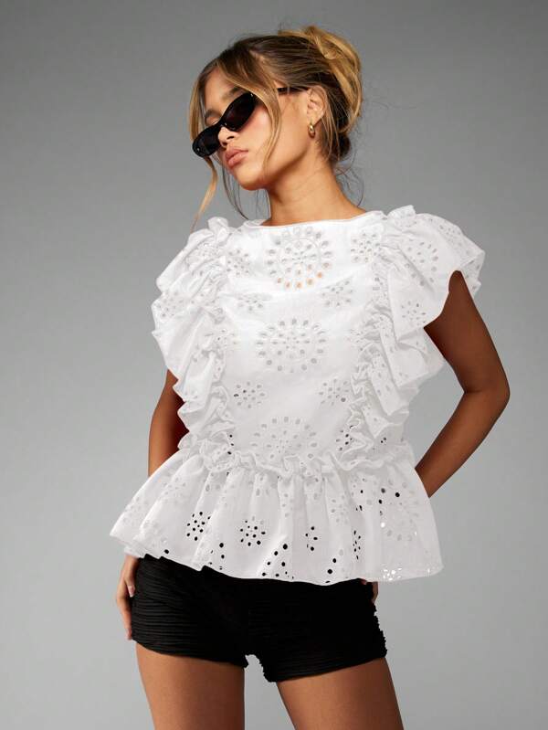 missguided MISSGUIDED Luxury Broderie Anglaise Eyelet Ruffle Peplum Top