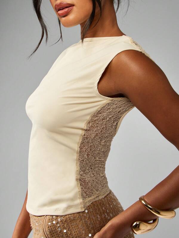missguided MISSGUIDED Luxury Lace Panel Low Back Sleeveless Fitted Crop Top