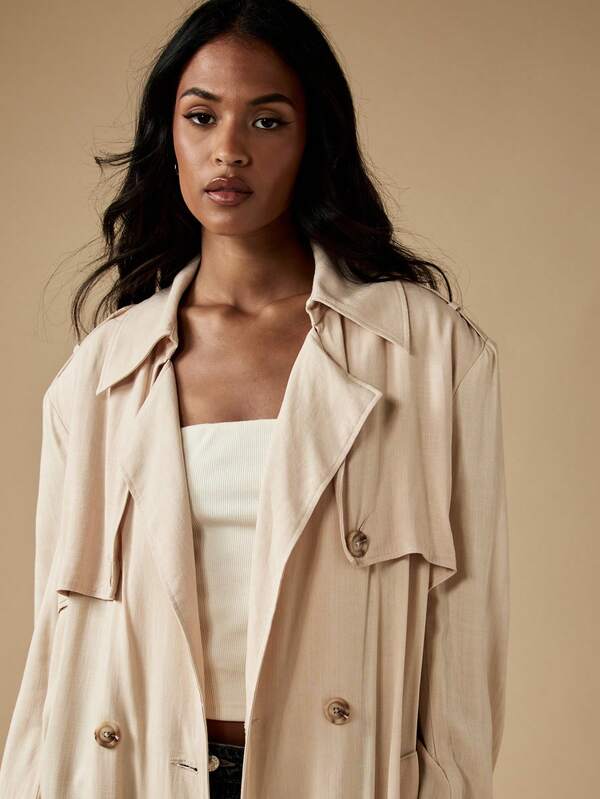 Missguided MISSGUIDED Luxury Linen Feel Oversized Trench Coat Double Breasted Maxi Length
