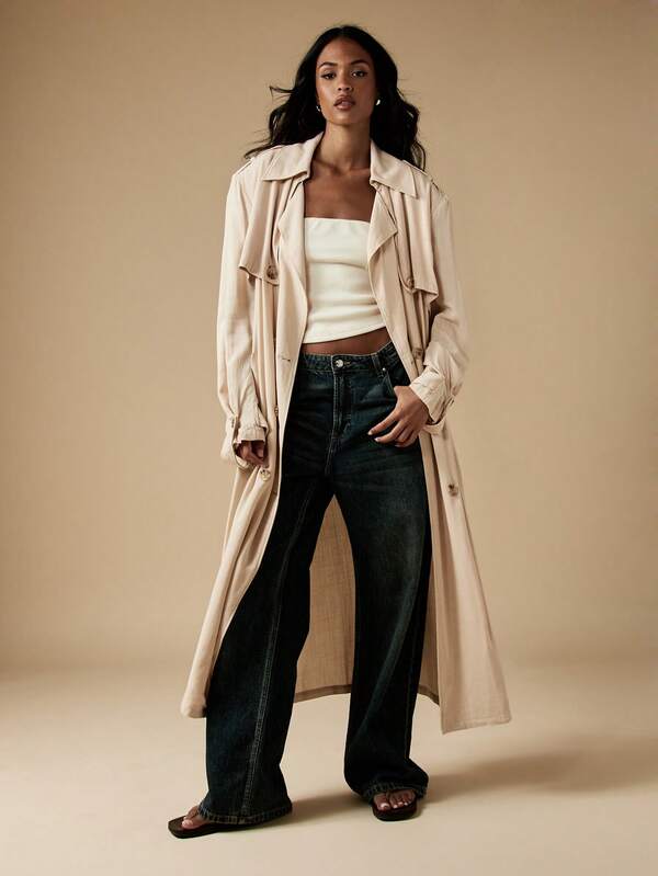 Missguided MISSGUIDED Luxury Linen Feel Oversized Trench Coat Double Breasted Maxi Length