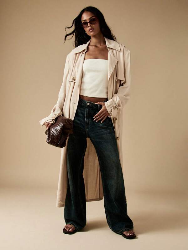 missguided MISSGUIDED Luxury Linen Feel Oversized Trench Coat Double Breasted Maxi Length