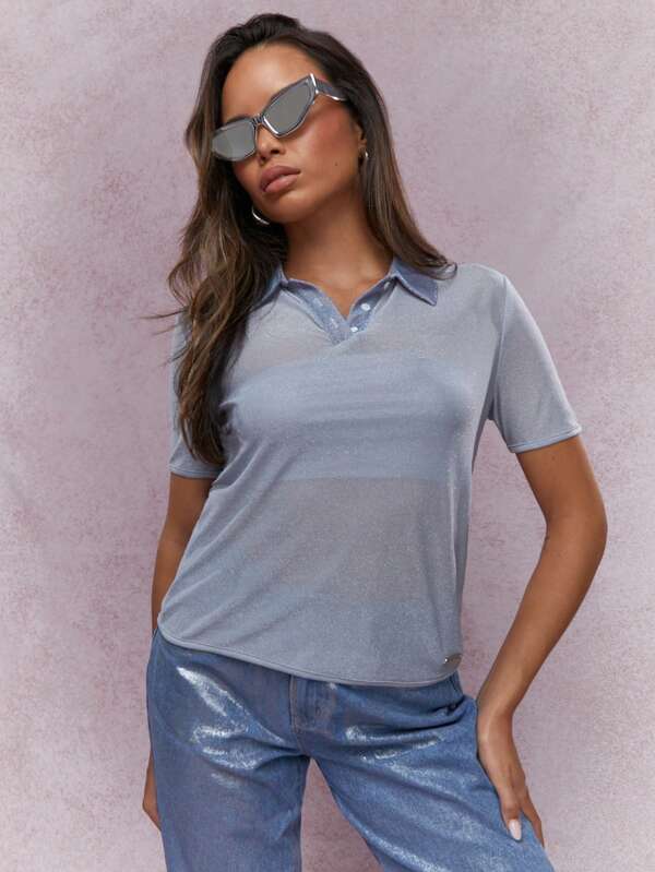 missguided MISSGUIDED Luxury Metallic Lurex Shimmering Collared Polo Top