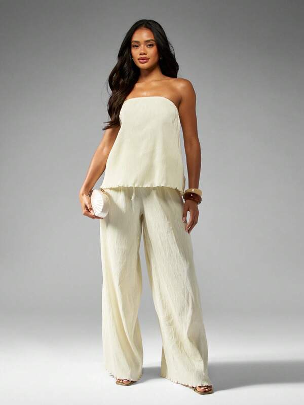 Missguided MISSGUIDED Luxury Plisse Bandeau Wide Leg Pants Co-Ord Set