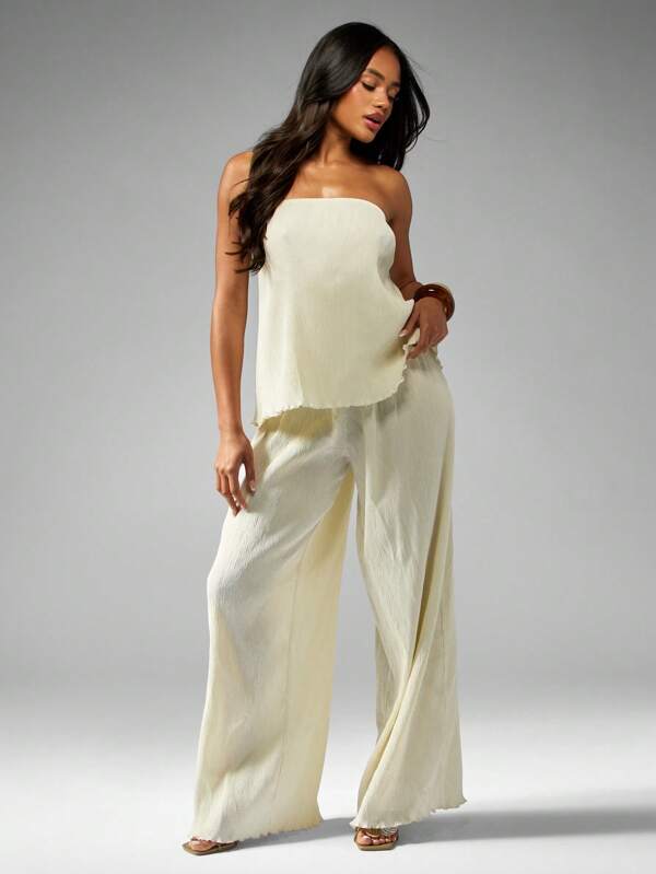 missguided MISSGUIDED Luxury Plisse Bandeau Wide Leg Pants Co-Ord Set