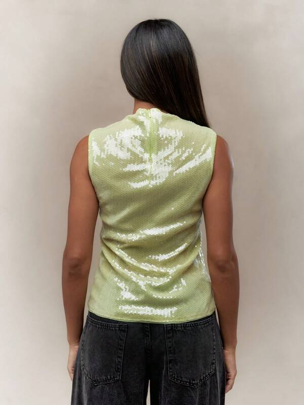 Missguided MISSGUIDED Luxury Sequin Mock Neck Sleeveless Sparkle Tank Top