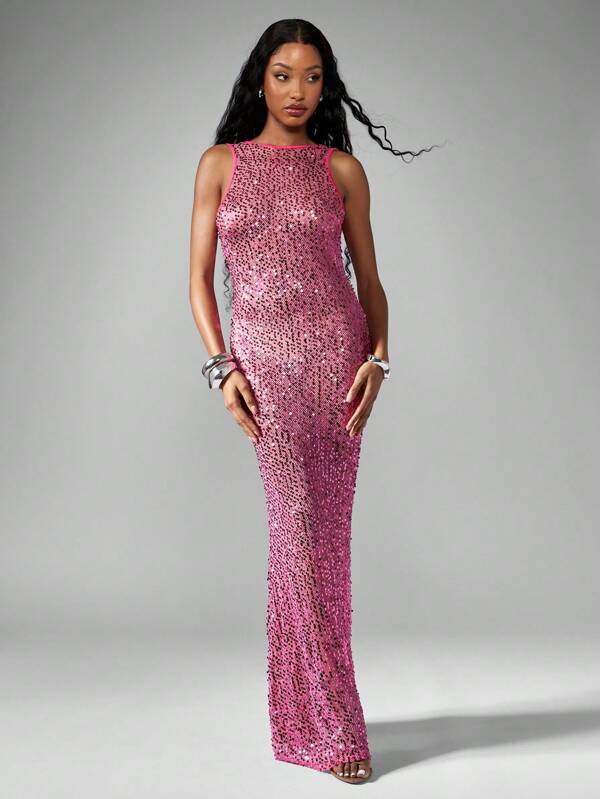 missguided MISSGUIDED Luxury Sequin Sleeveless Backless Bodycon Maxi Dress