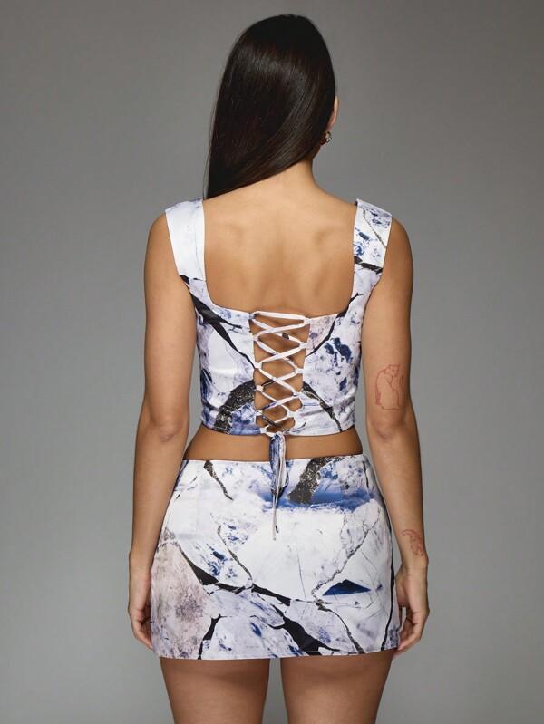 Missguided MISSGUIDED Marble Print Corset Top With Lace Up Back And Mini Skirt