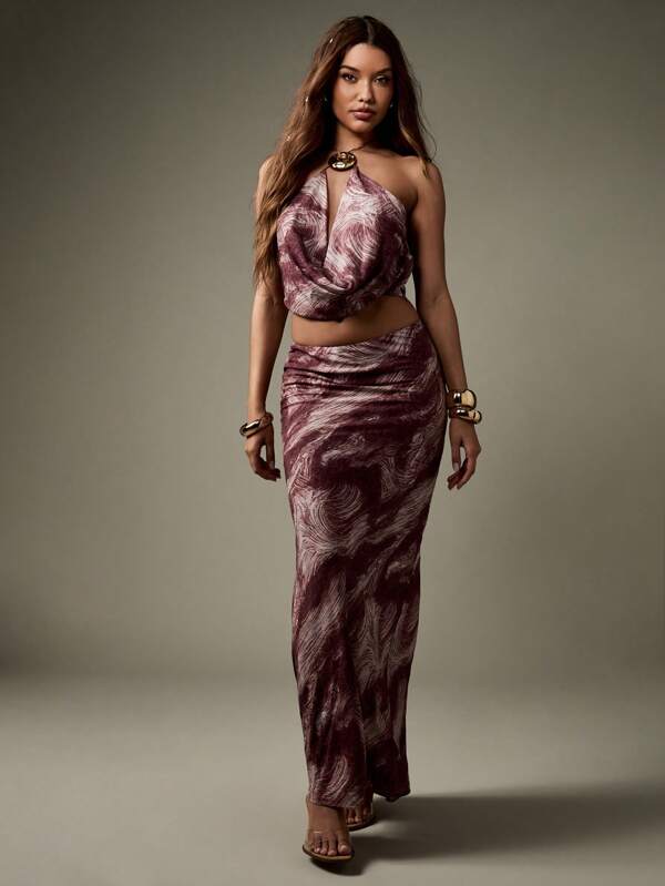 missguided MISSGUIDED Marble Print Cowl Neck Halter Top With Maxi Skirt
