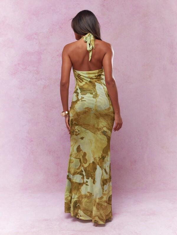 Missguided MISSGUIDED Marble Print Cowl Neck Tie Waist Fishtail Hem Bodycon Maxi Dress