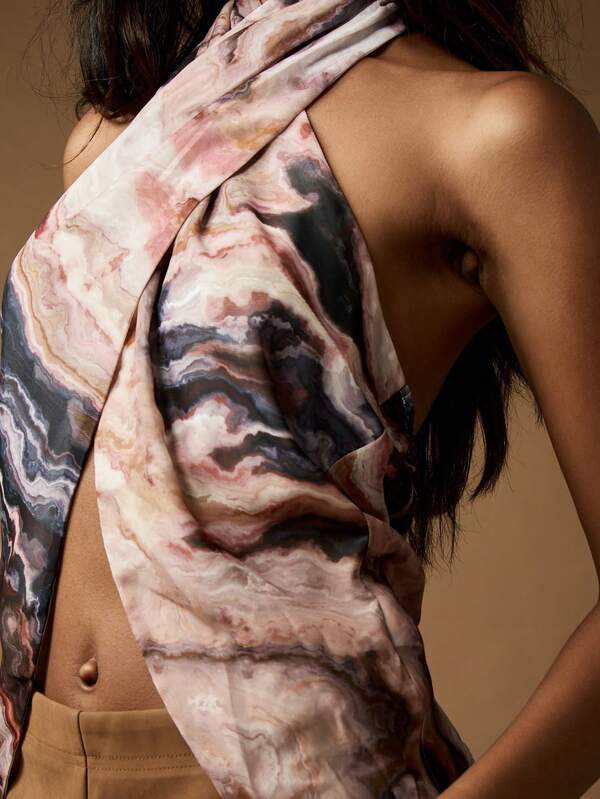 Missguided MISSGUIDED Marble Print Halter Neck Top With Criss Cross Design