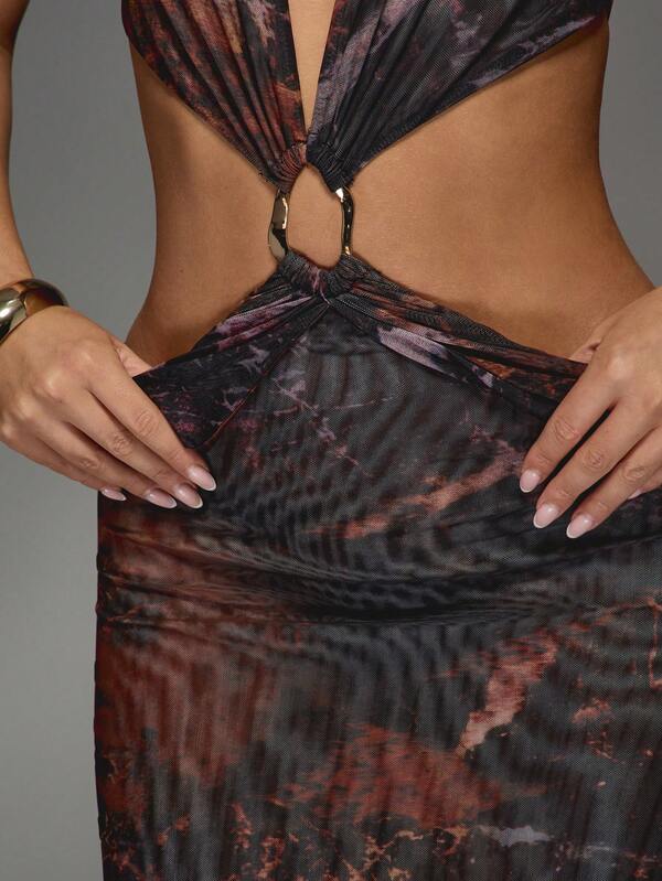 Missguided MISSGUIDED Marble Print Maxi Dress With Halter Neck And Cut Out Design