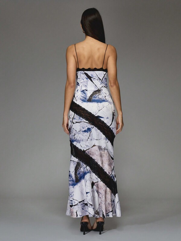 Missguided MISSGUIDED Marble Print Maxi Dress With Lace Trim And Cut Out Detail