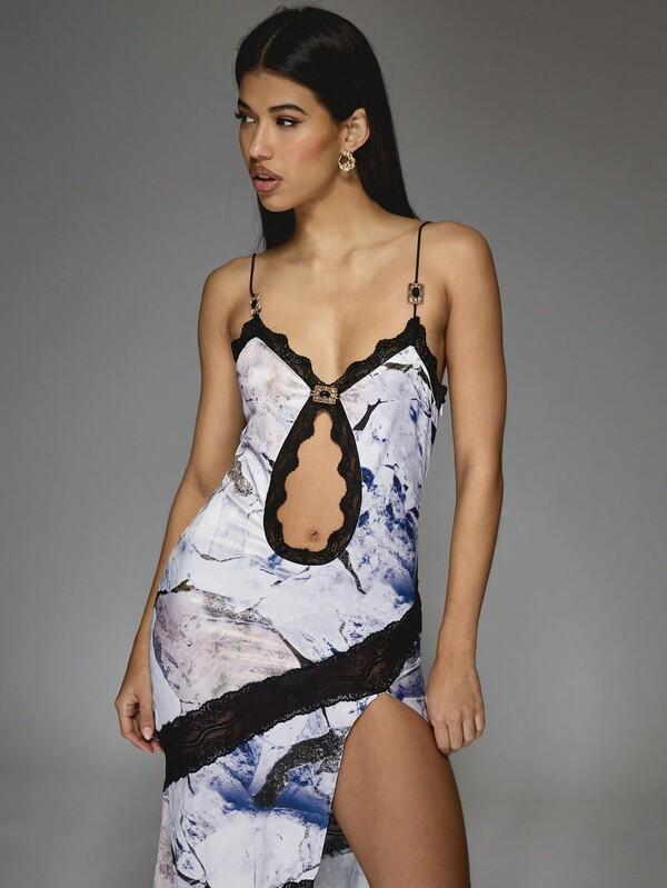 Missguided MISSGUIDED Marble Print Maxi Dress With Lace Trim And Cut Out Detail