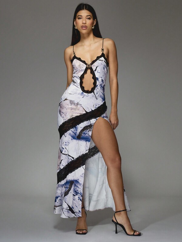 missguided MISSGUIDED Marble Print Maxi Dress With Lace Trim And Cut Out Detail