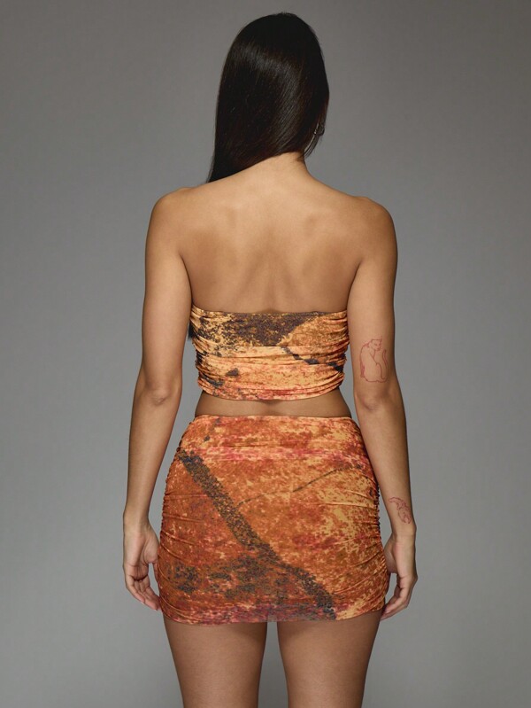 Missguided MISSGUIDED Marble Print Mesh Corset Bandeau Top And Ruched Bodycon Mini Skirt Two Piece Co Ord Set