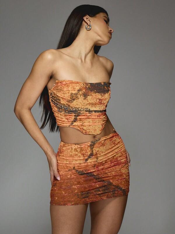 Missguided MISSGUIDED Marble Print Mesh Corset Bandeau Top And Ruched Bodycon Mini Skirt Two Piece Co Ord Set