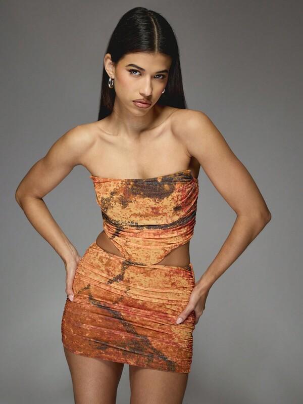 Missguided MISSGUIDED Marble Print Mesh Corset Bandeau Top And Ruched Bodycon Mini Skirt Two Piece Co Ord Set