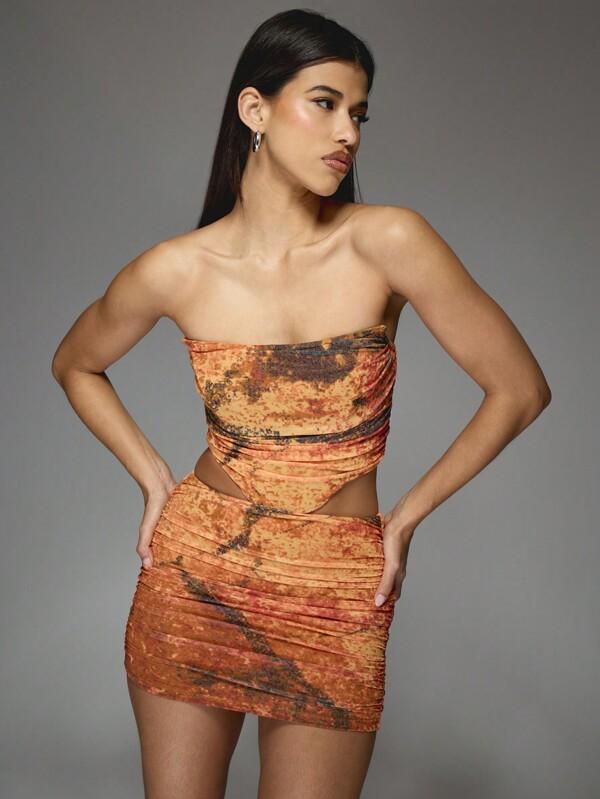 missguided MISSGUIDED Marble Print Mesh Corset Bandeau Top And Ruched Bodycon Mini Skirt Two Piece Co Ord Set