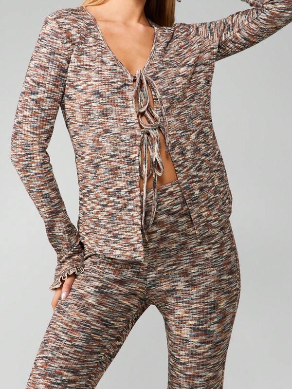 Missguided MISSGUIDED Marled Knit Tie Front Cardigan With Flare Pants Set