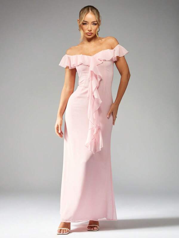 missguided MISSGUIDED Maxi Dress Off-Shoulder Ruffled Empire Waist Floor Length