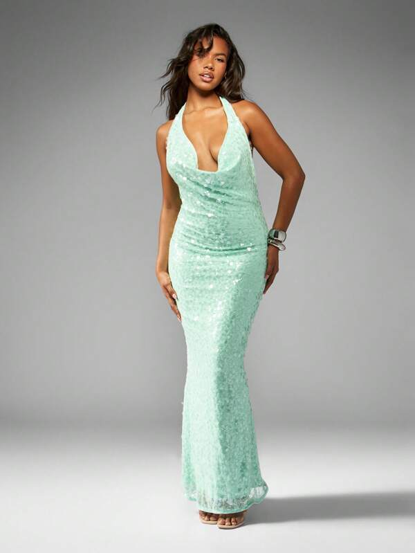 missguided MISSGUIDED Mermaid Sequin Halter Neck Backless Long Gown