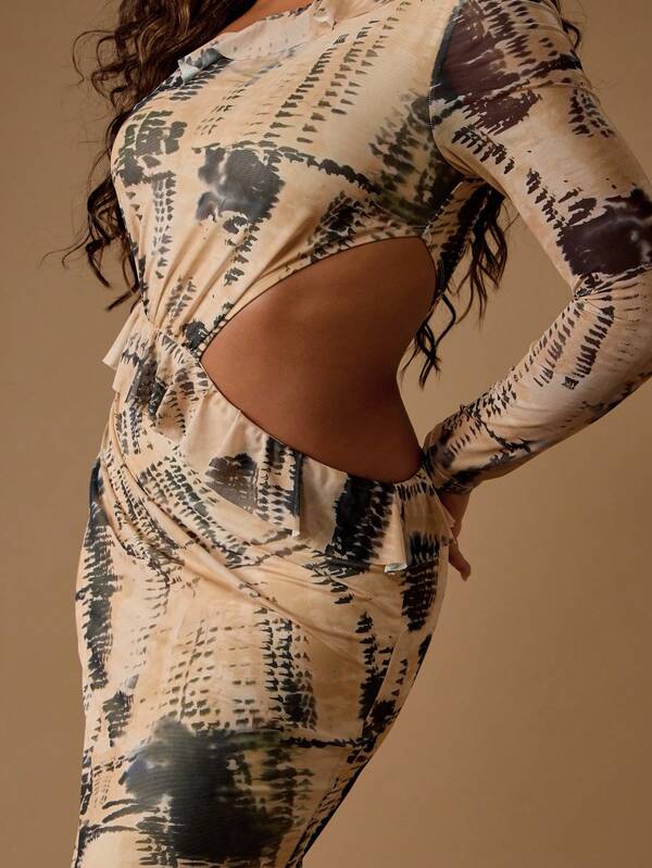 Missguided MISSGUIDED Mesh Abstract Print Maxi Dress With Side Cutout