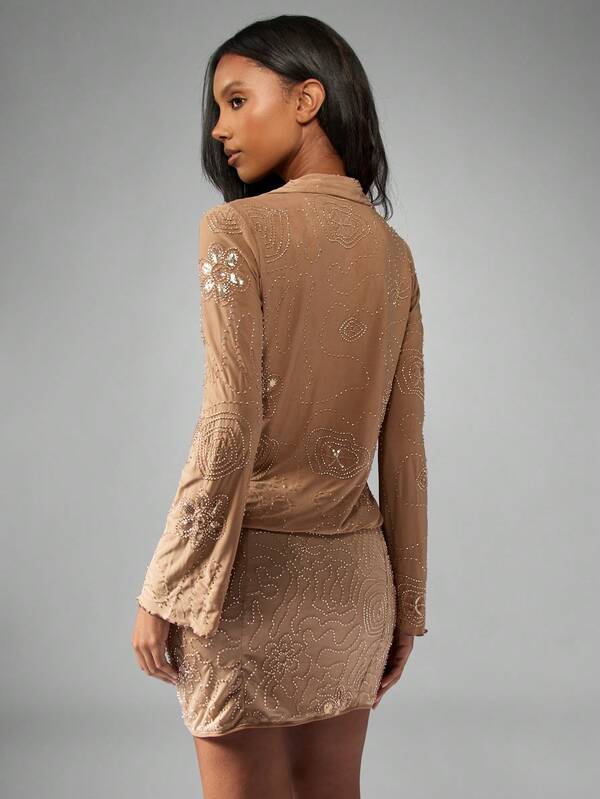 Missguided MISSGUIDED Mesh Blouse With Beaded Floral Pattern And Long Sleeves