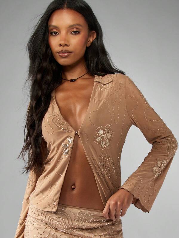 Missguided MISSGUIDED Mesh Blouse With Beaded Floral Pattern And Long Sleeves
