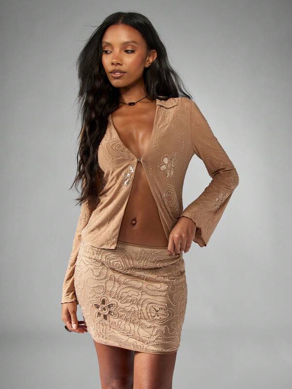 missguided MISSGUIDED Mesh Blouse With Beaded Floral Pattern And Long Sleeves