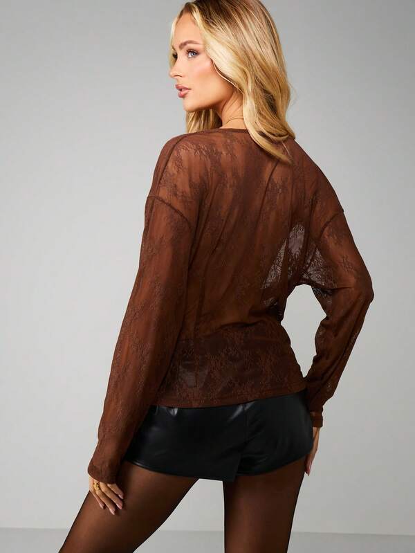 Missguided MISSGUIDED Mesh Cowl Neck Long Sleeve Top