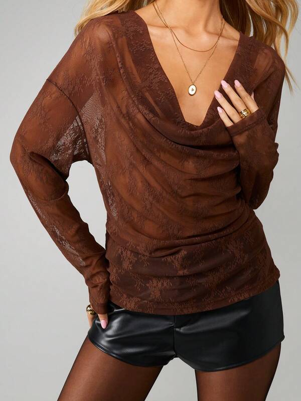 Missguided MISSGUIDED Mesh Cowl Neck Long Sleeve Top