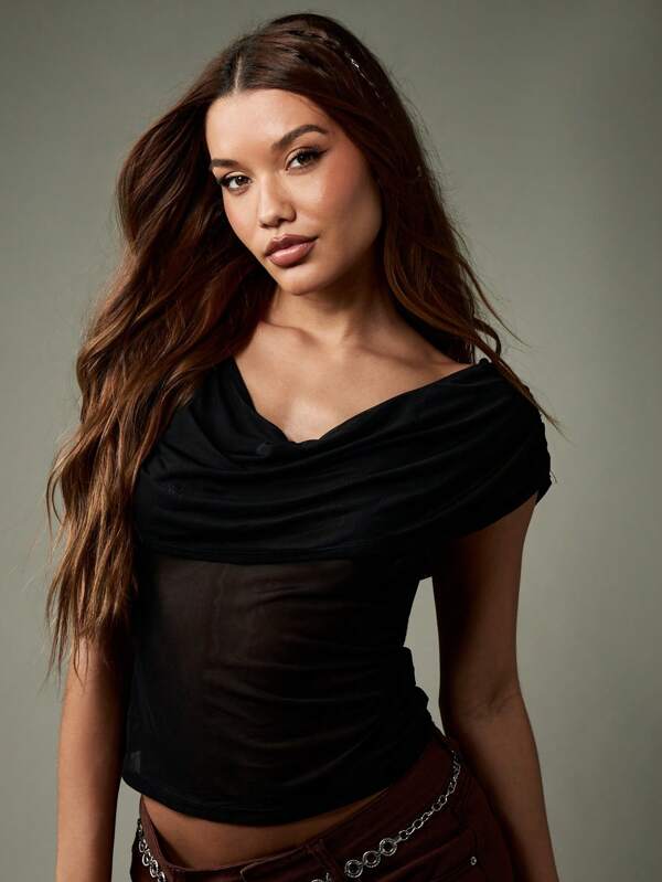 missguided MISSGUIDED Mesh Cowl Neck Top With Drape Detail