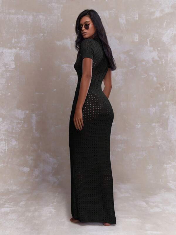 Missguided MISSGUIDED Mesh Crochet Buttoned Shirt Maxi Dress