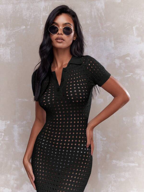 Missguided MISSGUIDED Mesh Crochet Buttoned Shirt Maxi Dress