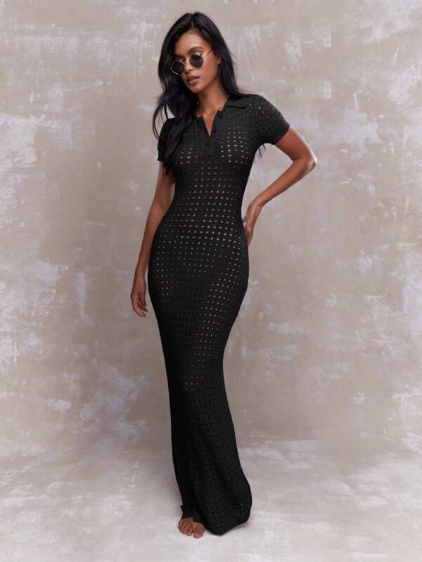 missguided MISSGUIDED Mesh Crochet Buttoned Shirt Maxi Dress