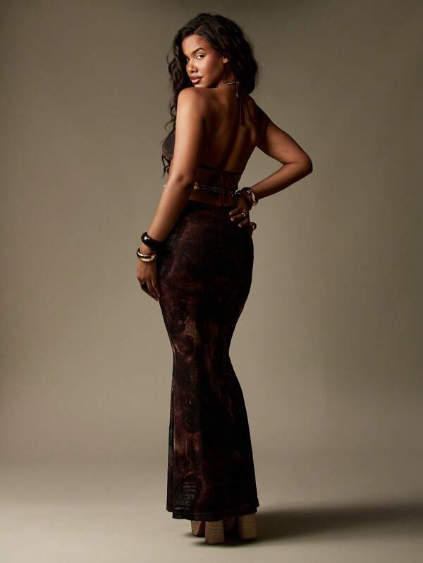 Missguided MISSGUIDED Mesh Cut Out Deep Plunge Neckline Butterfly Abstract Print Maxi Dress