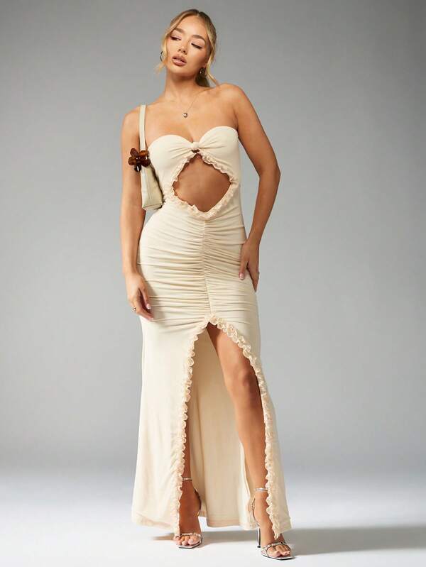 Missguided MISSGUIDED Mesh Frill Cut Out Bandeau Maxi Dress