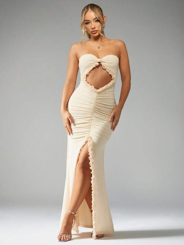 missguided MISSGUIDED Mesh Frill Cut Out Bandeau Maxi Dress