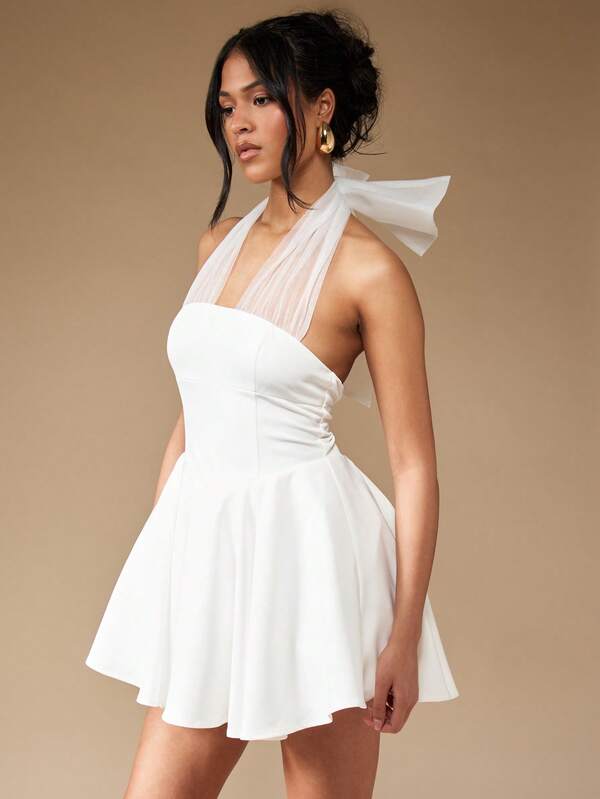 Missguided MISSGUIDED Mesh Halter Bow Tie Full Mini Dress Cute Sundress